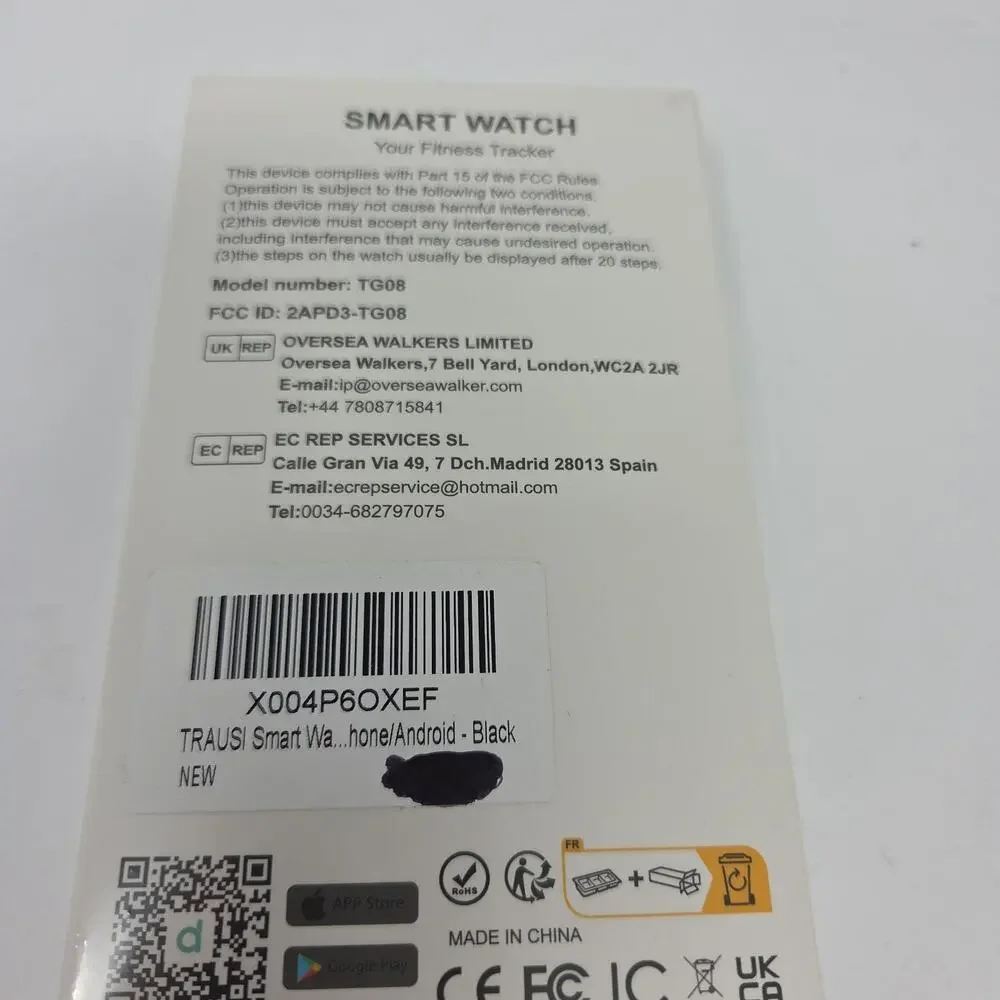 Smart Watch Fitness Tracker Black Android Apple Compatible Model TG08